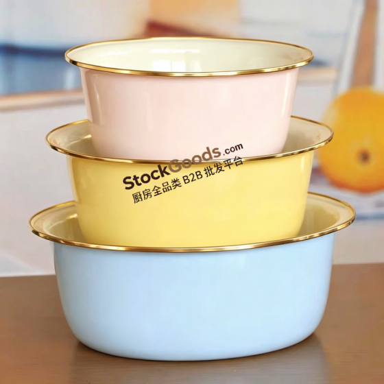 Enamel Bowl Set of 3 with Golden Rim, 24cm 28cm 32cm, 15 Colors Available